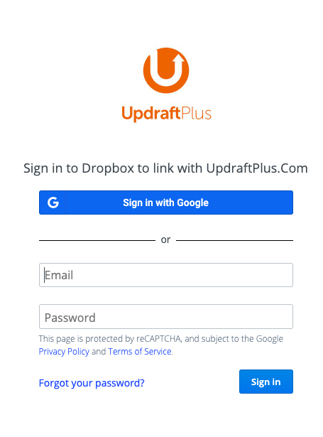 پنجره ورود به Dropbox برای پیوند به افزونه Updraft Plus