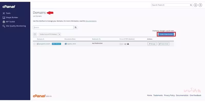 کلیک بر روی گزینه Create A New domain