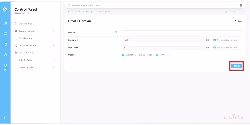 کلیک بر روی گزینه Create
