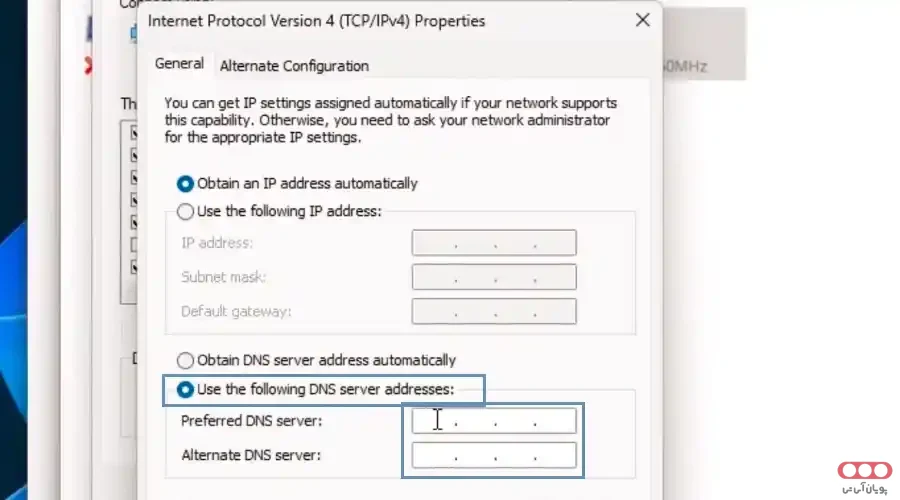کلیک-روی-Use-the-following-DNS-server-addresses-DNS-مد-نظر-و-وارد-کردن
