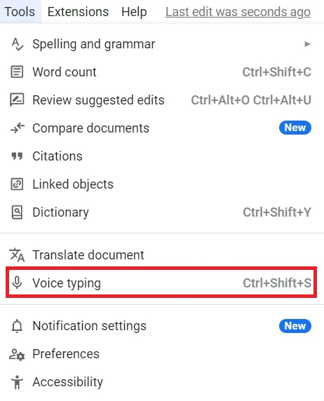 مسیر تایپ صوتی google docs