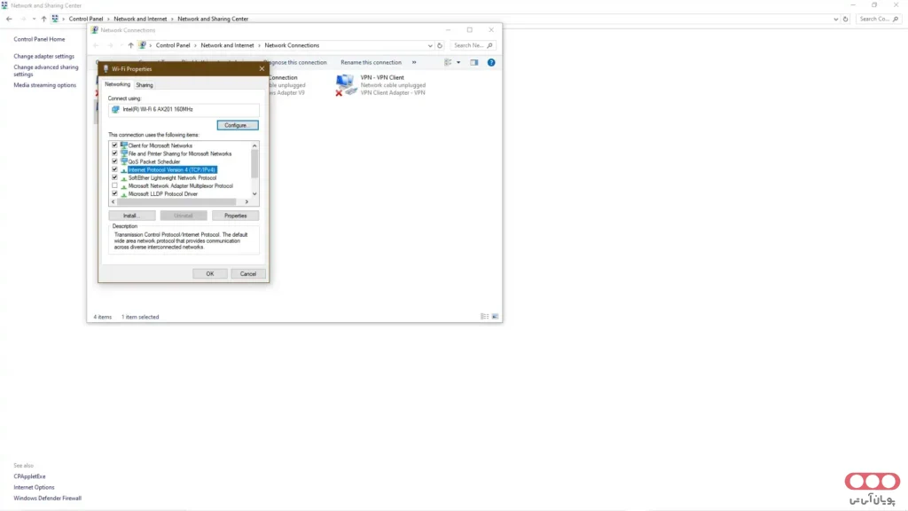 انتخاب گزینه Internet Protocol Version 4 (TCPIPv4)