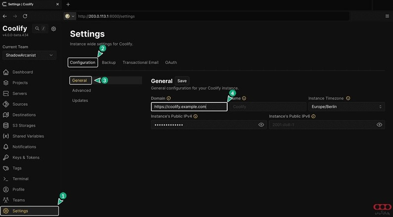 coolify-تنظیم-داشبورد